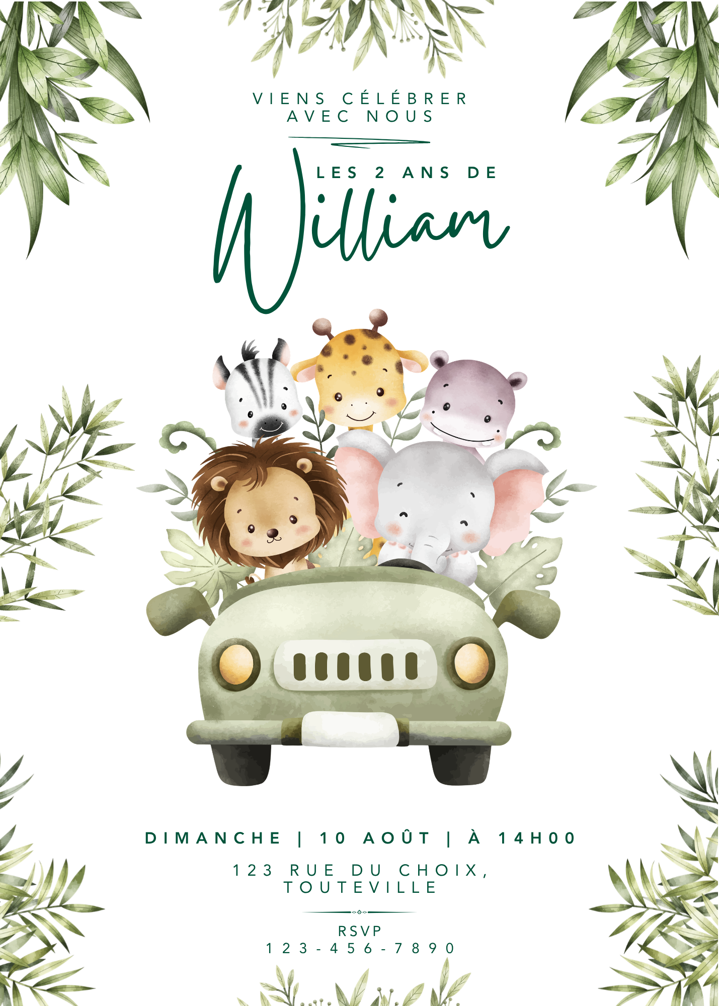 Personalized Invitation – Jungle Kid's Birthday Party – Printed Card 5x7