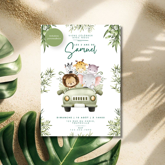 Invitation personnalisée – Fête enfant Jungle – Carte imprimée 5x7