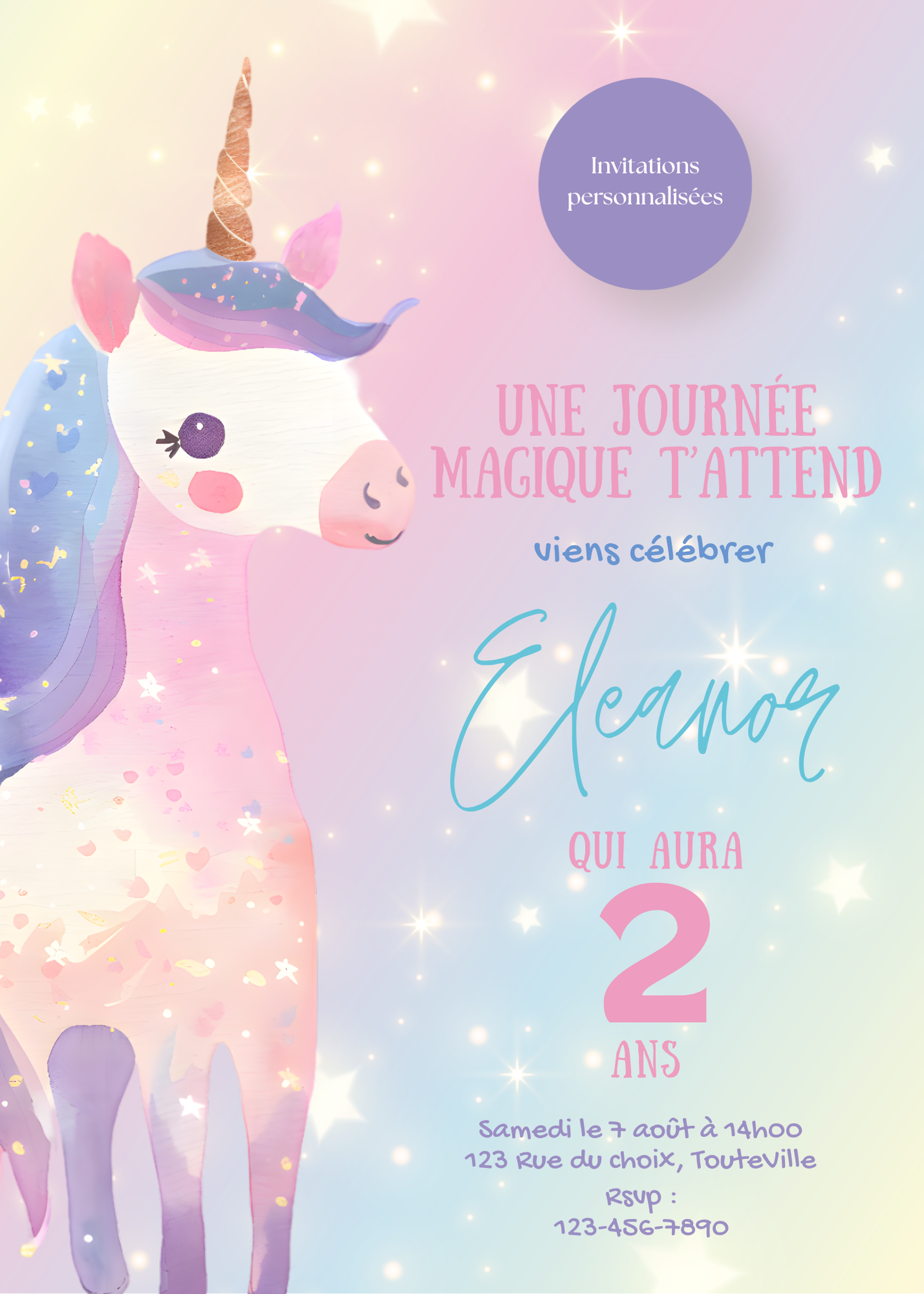 Personalized Invitation - Unicorn Kids' Party - Printed Card 5x7
