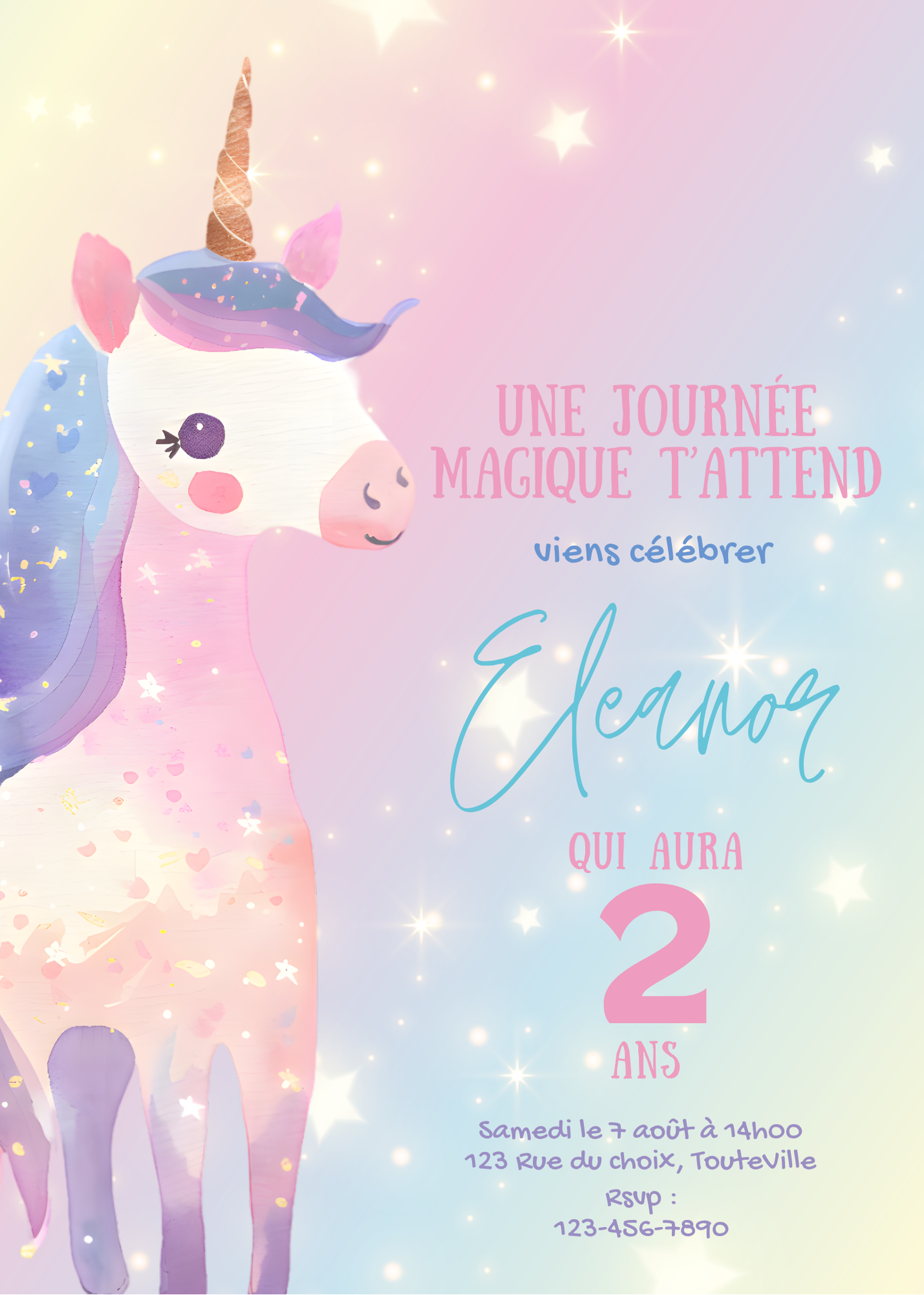 Personalized Invitation - Unicorn Kids' Party - Printed Card 5x7
