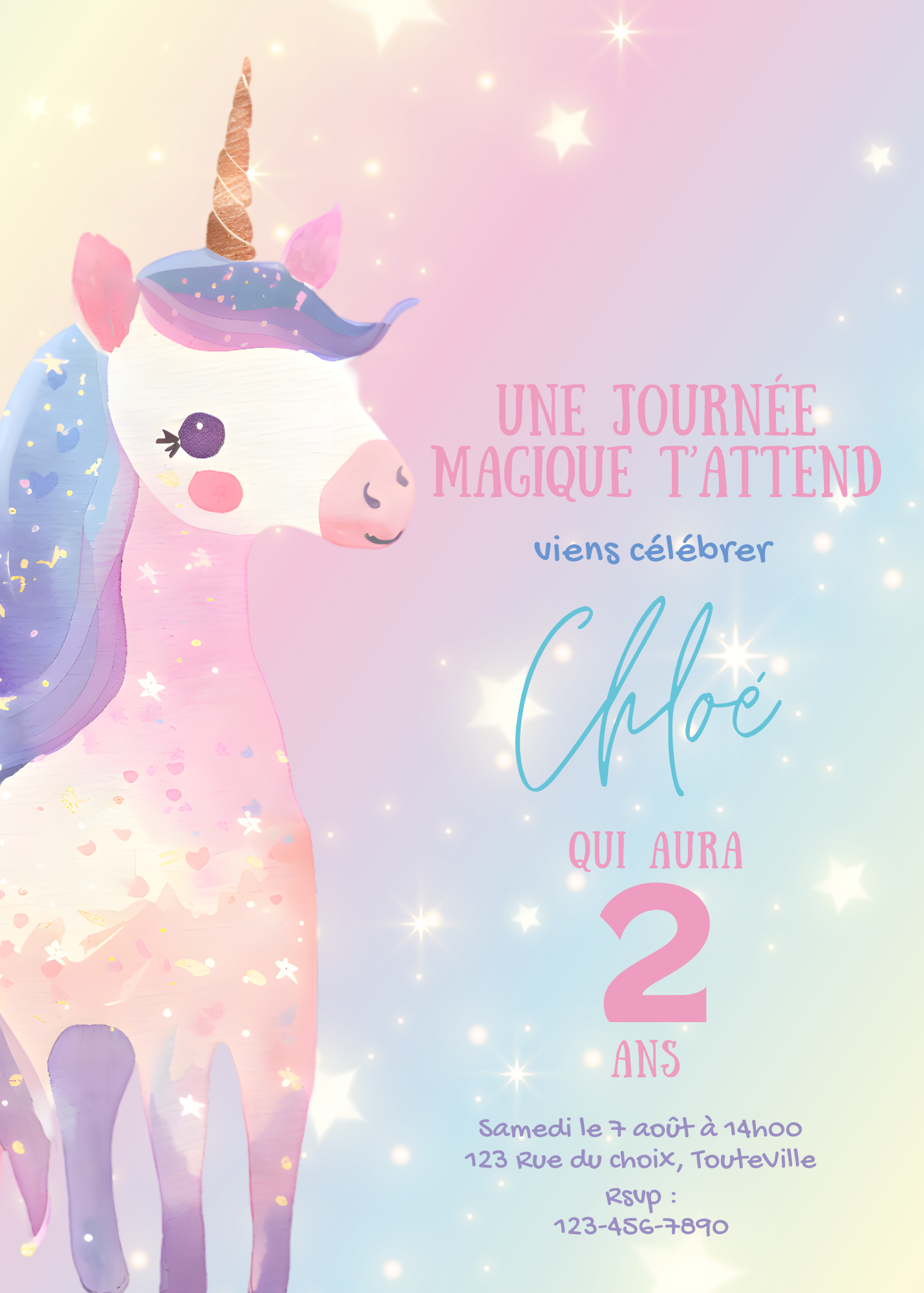 Personalized Invitation - Unicorn Kids' Party - Printed Card 5x7