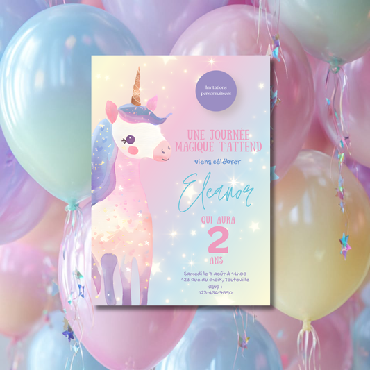 Invitation personnalisée – Fête enfant Licorne – Carte imprimée 5x7