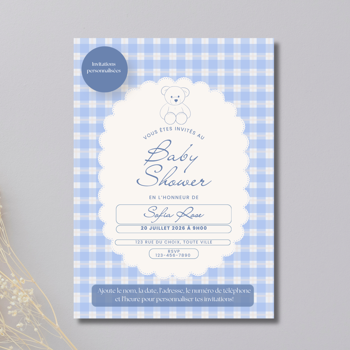 Personalized Invitation - Baby Shower - Blue Bear - Printed Card 5x7
