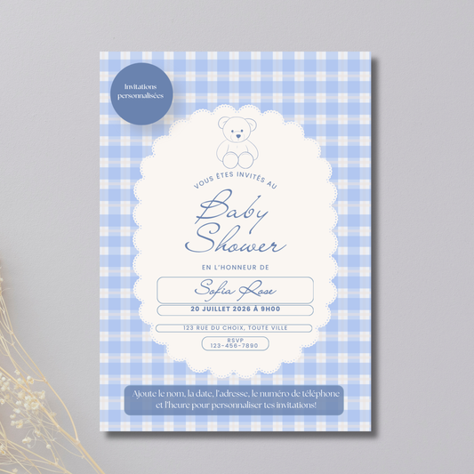 Personalized Invitation - Baby Shower - Blue Bear - Printed Card 5x7
