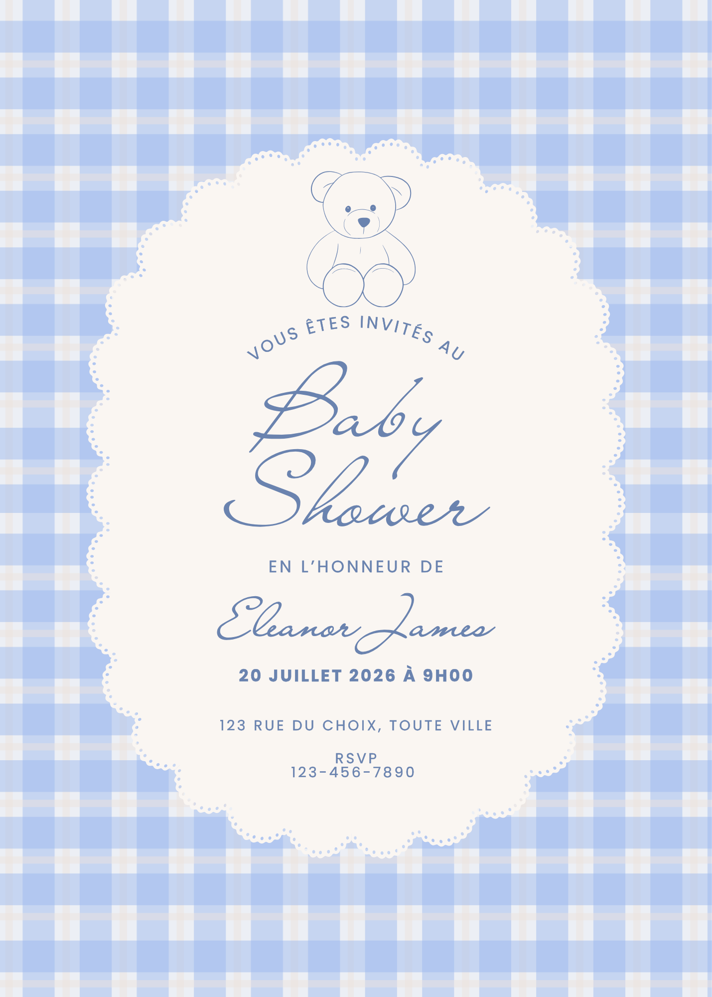 Personalized Invitation - Baby Shower - Blue Bear - Printed Card 5x7