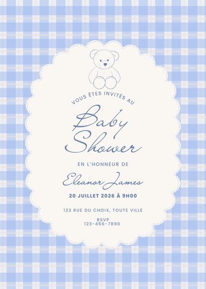 Personalized Invitation - Baby Shower - Blue Bear - Printed Card 5x7
