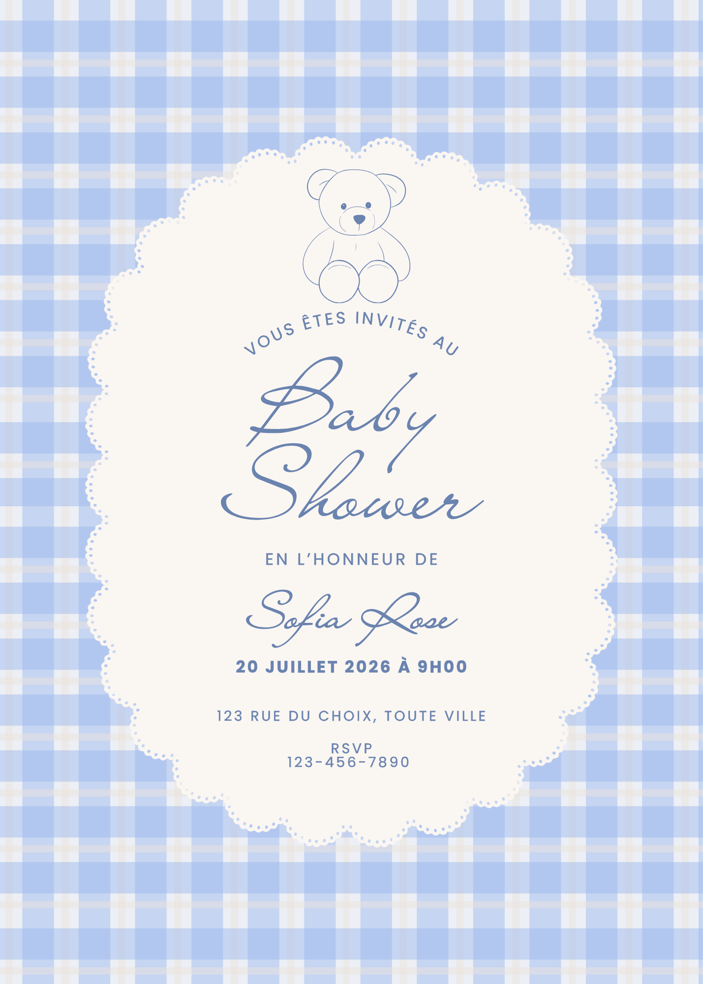 Personalized Invitation - Baby Shower - Blue Bear - Printed Card 5x7