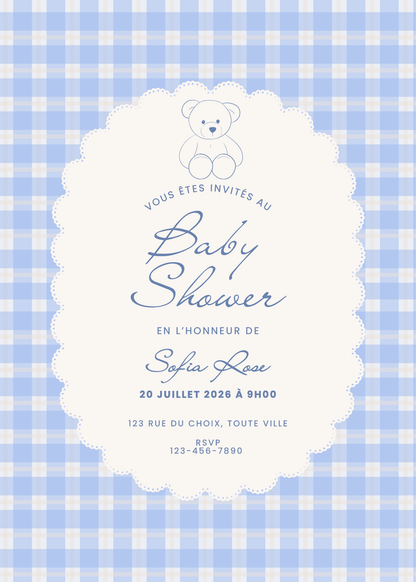 Personalized Invitation - Baby Shower - Blue Bear - Printed Card 5x7