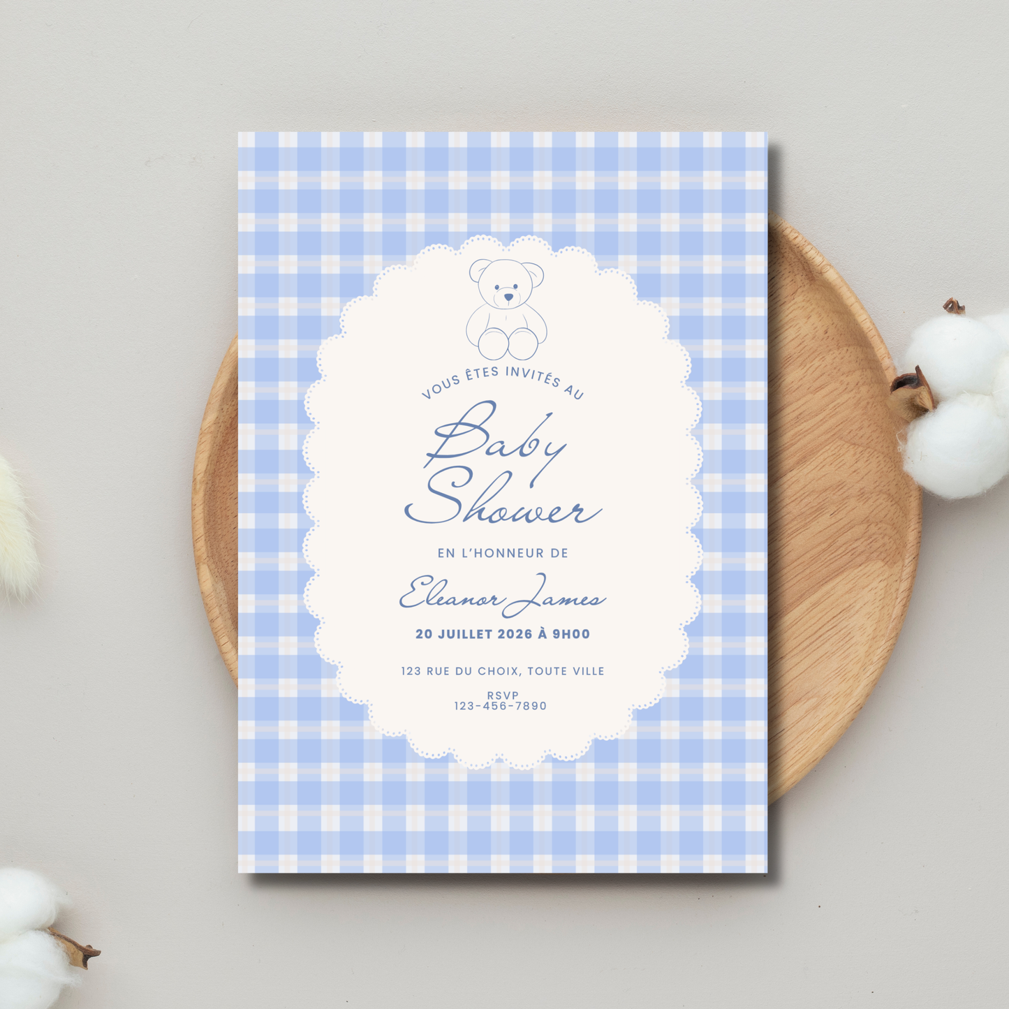 Personalized Invitation - Baby Shower - Blue Bear - Printed Card 5x7