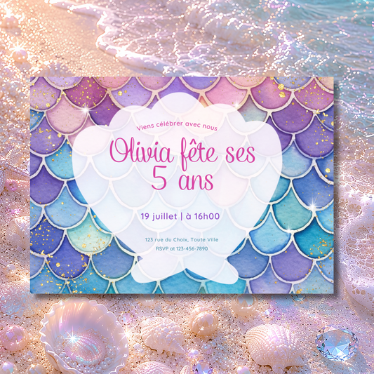 Personalized Invitation - Mermaid Child's Birthday Party - Printed 5x7 Card