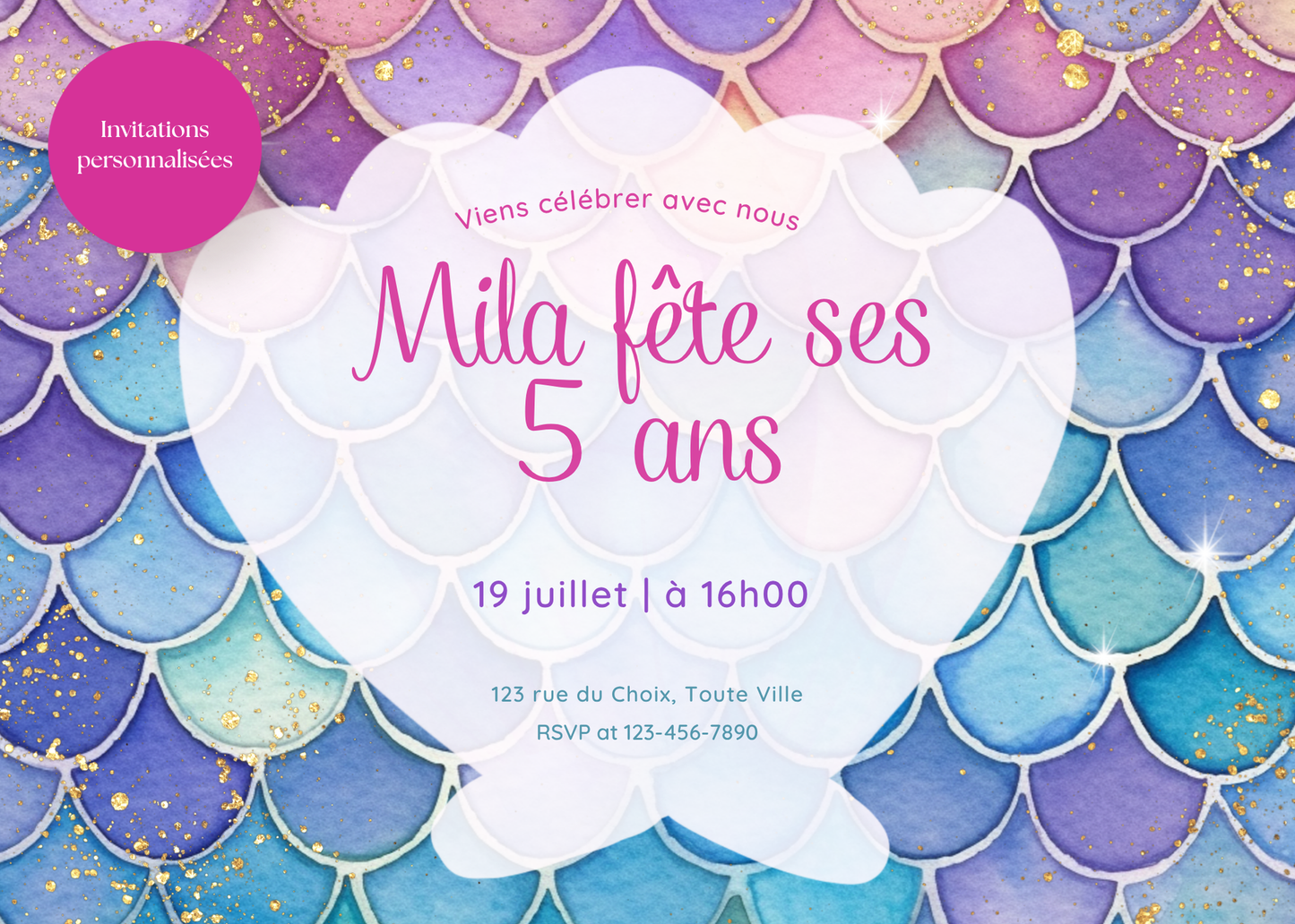 Personalized Invitation - Mermaid Child's Birthday Party - Printed 5x7 Card