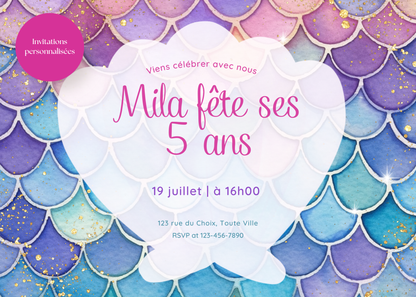Personalized Invitation - Mermaid Child's Birthday Party - Printed 5x7 Card