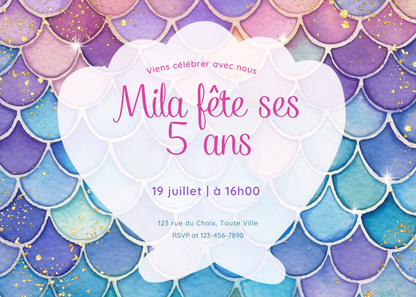 Personalized Invitation - Mermaid Child's Birthday Party - Printed 5x7 Card