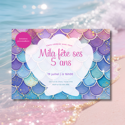 Personalized Invitation - Mermaid Child's Birthday Party - Printed 5x7 Card